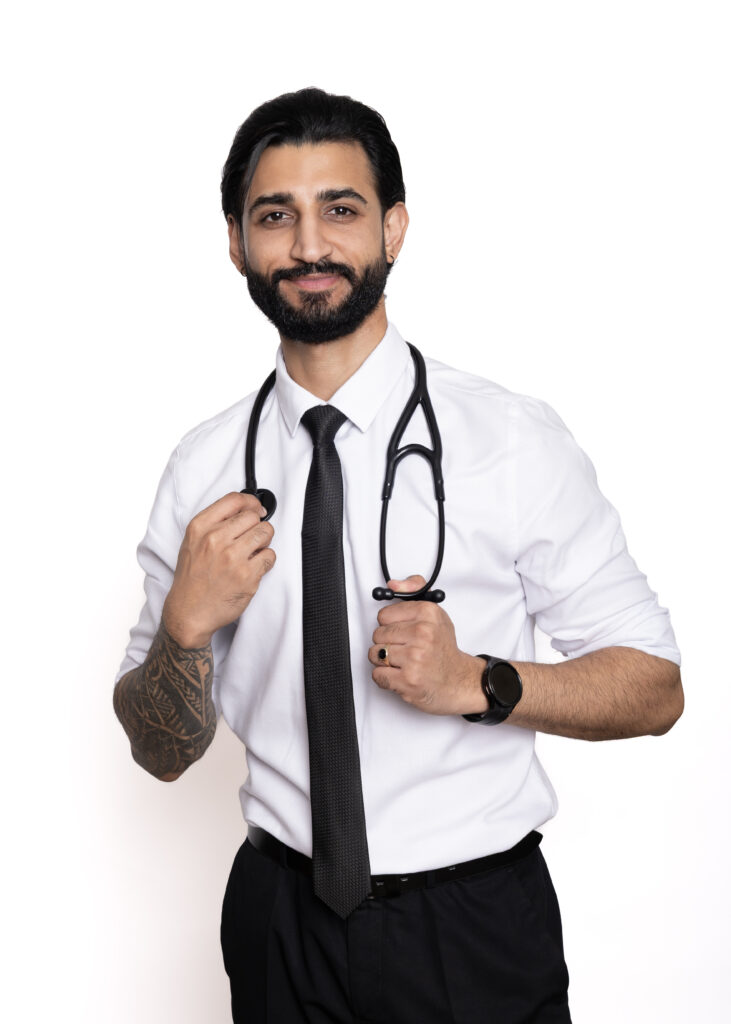 studio branding image of a doctor holding a stethoscope