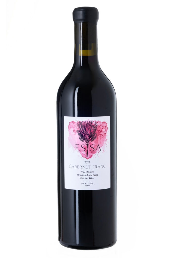 Studio product photograph of an ESSA Cabernet Franc wine bottle on a white background